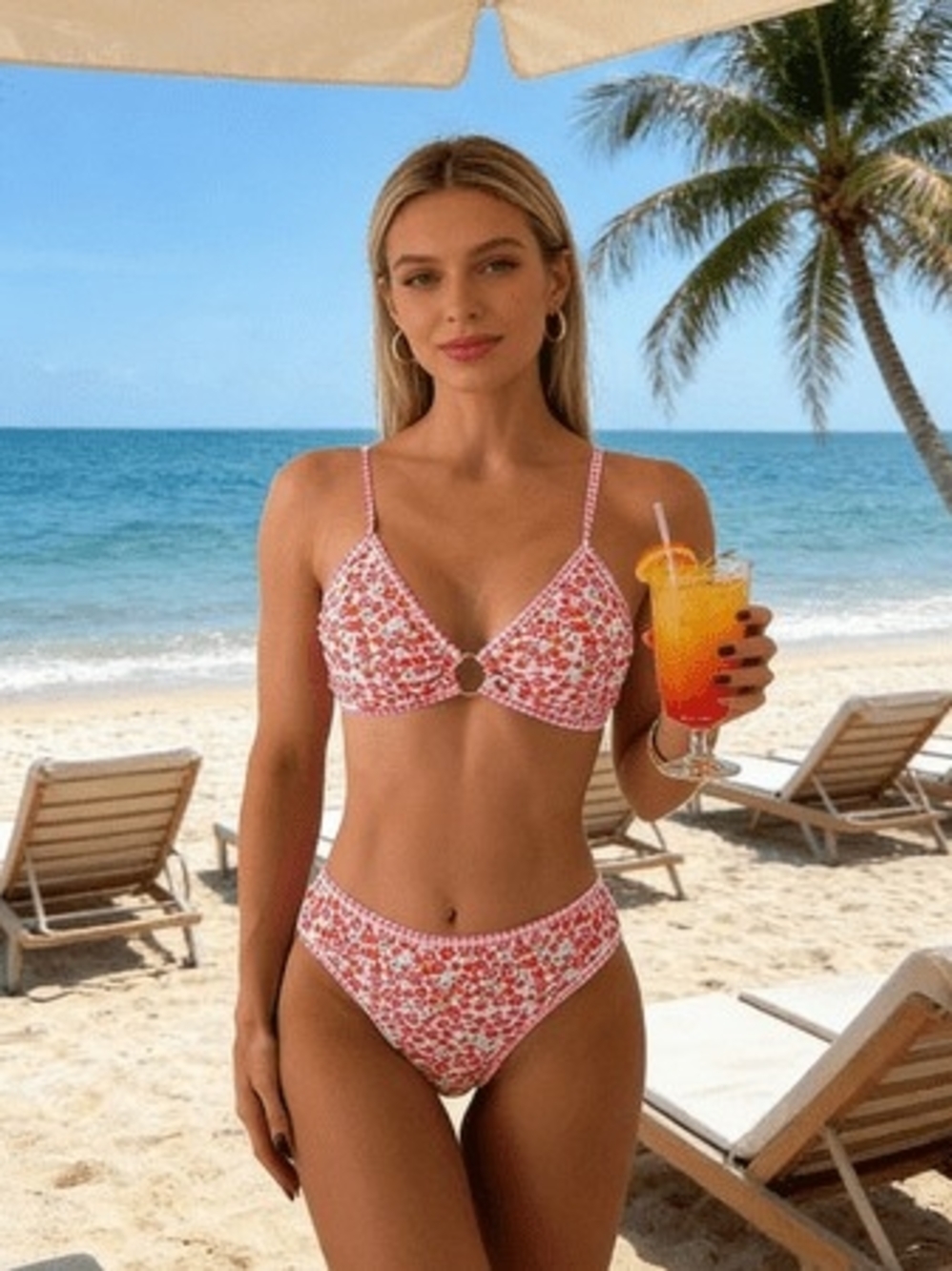 Floral Ring-Front Pink Bikini Set